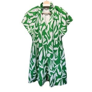 THML Green & White Linen Blend Lined Dress w/Ruffle Neck & Pockets SMALL